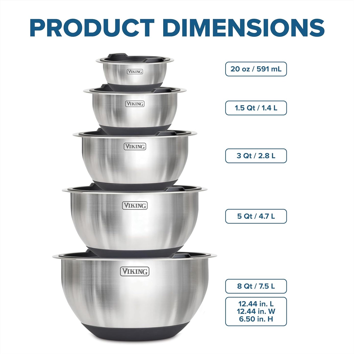Mixing Bowls Set, 10 Piece Stainless Steel Kitchen Cookware, Non-Slip Silicone Base, Includes Tight Fit Lids, Dishwasher Safe, Black