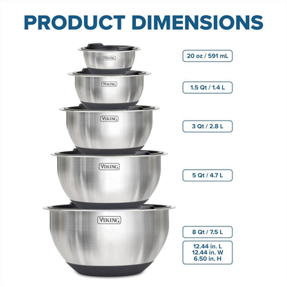 Mixing Bowls Set, 10 Piece Stainless Steel Kitchen Cookware, Non-Slip Silicone Base, Includes Tight Fit Lids, Dishwasher Safe, Black