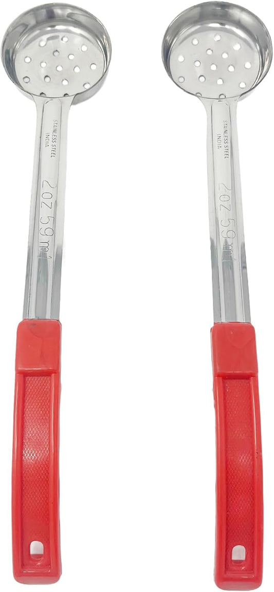2 Pack - 2 oz. Slotted Portion Control Scoops, Spoodles - Red Handle Perforated Food Serving Spoon, Small, Silver, MCP02EP
