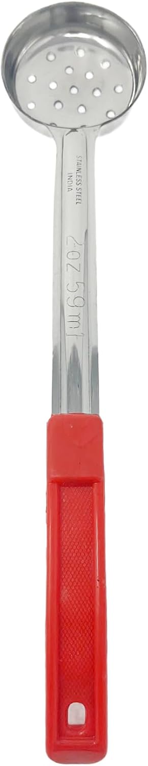 2 Pack - 2 oz. Slotted Portion Control Scoops, Spoodles - Red Handle Perforated Food Serving Spoon, Small, Silver, MCP02EP