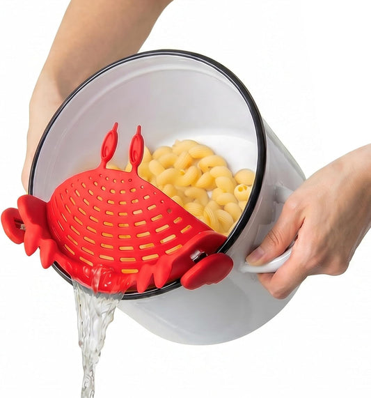 Crab Clip-On Strainer - Silicone Pasta Strainer with Stainless Steel Tongs - Unique Kitchen Gadgets, Cooking Gifts for Women, Kitchen Essentials, Funny Gifts, Kitchen Accessories - (Crabby)
