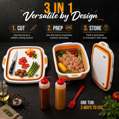 Collapsible BBQ Prep Tub With Lid, (8L) Meat Prep, Marinating Food Storage Container, Multi-Function Grill Caddy W/Bulit-In Colander, 2 Squeeze Bottles1 Silicone Brush for Picnic- Camping