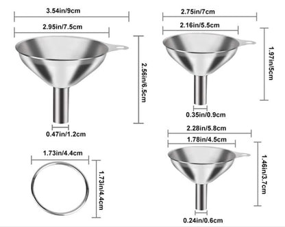 3PCS Kitchen Funnels Set,Stainless Metal Funnel for Filling Bottles - Tiny Small Medium Large for Essential Oils,Spice, Cooking,Powder,Flask，Perfume,Dry Ingredients Powde (Silver)