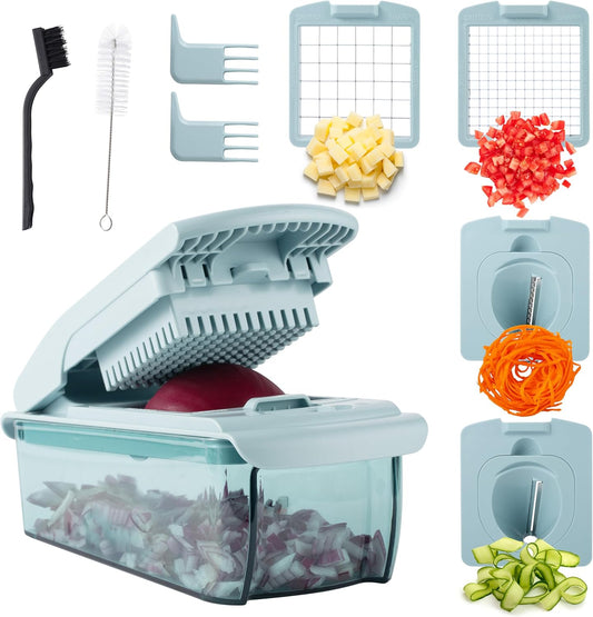 Vegetable Chopper - Multifunctional 11 in 1 Vegetable Chopper with Container - Food Chopper to Dice, Chop, Slice, Julienne and Spiralize, Blue