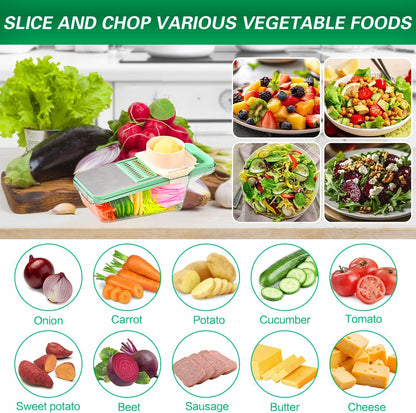 6 in 1 Mandoline Slicer, Hand Guard Vegetable Chopper Cutter with Container & Lid, 3 Replaceable Blades Multifunctional Veggie Dicer Slicer for Onion Potato Carrot, Kitchen Food Prep Gadget - Green