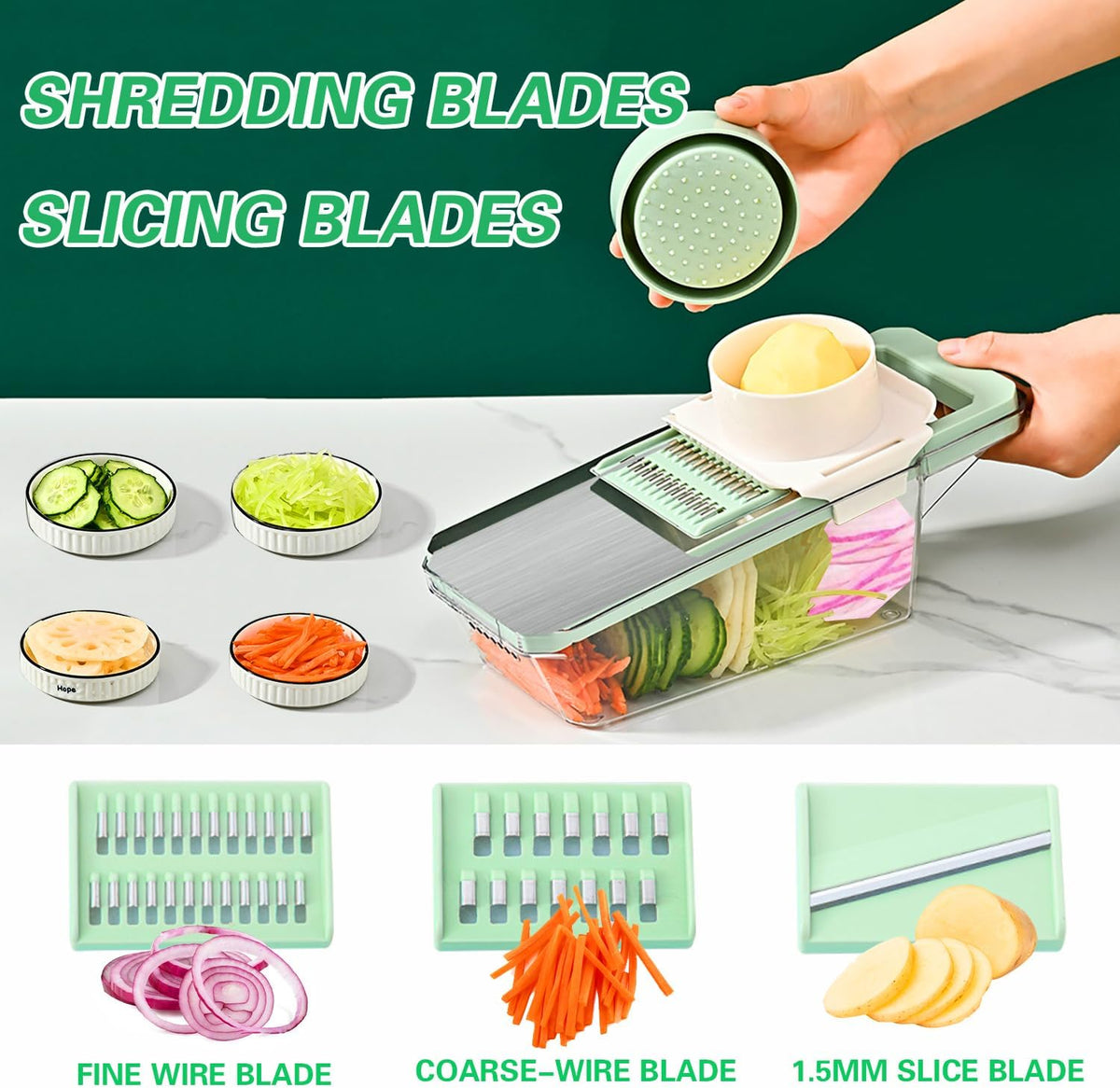 6 in 1 Mandoline Slicer, Hand Guard Vegetable Chopper Cutter with Container & Lid, 3 Replaceable Blades Multifunctional Veggie Dicer Slicer for Onion Potato Carrot, Kitchen Food Prep Gadget - Green