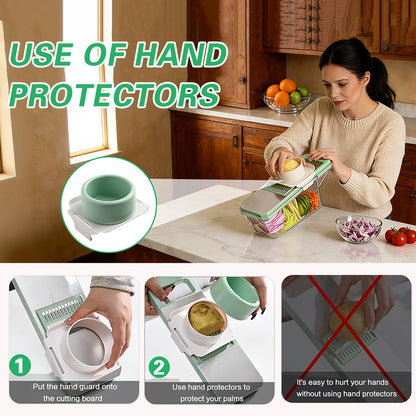 6 in 1 Mandoline Slicer, Hand Guard Vegetable Chopper Cutter with Container & Lid, 3 Replaceable Blades Multifunctional Veggie Dicer Slicer for Onion Potato Carrot, Kitchen Food Prep Gadget - Green