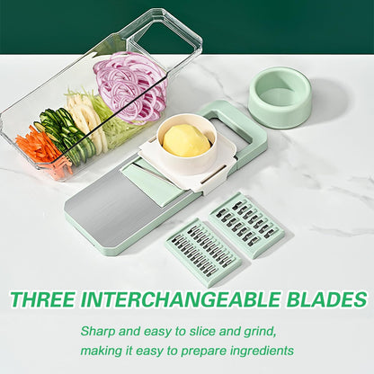 6 in 1 Mandoline Slicer, Hand Guard Vegetable Chopper Cutter with Container & Lid, 3 Replaceable Blades Multifunctional Veggie Dicer Slicer for Onion Potato Carrot, Kitchen Food Prep Gadget - Green