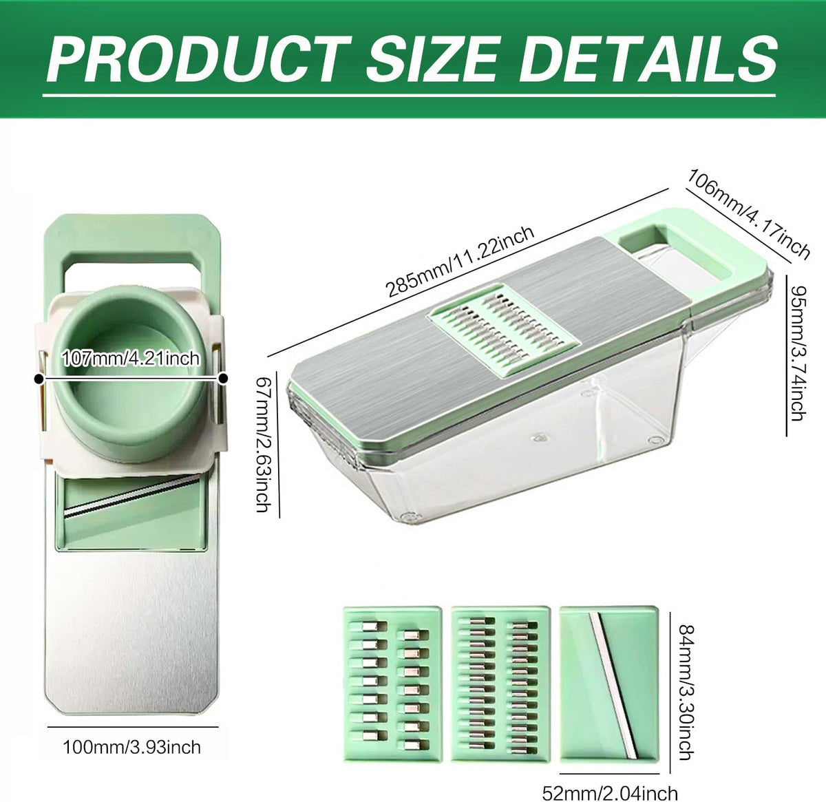 6 in 1 Mandoline Slicer, Hand Guard Vegetable Chopper Cutter with Container & Lid, 3 Replaceable Blades Multifunctional Veggie Dicer Slicer for Onion Potato Carrot, Kitchen Food Prep Gadget - Green