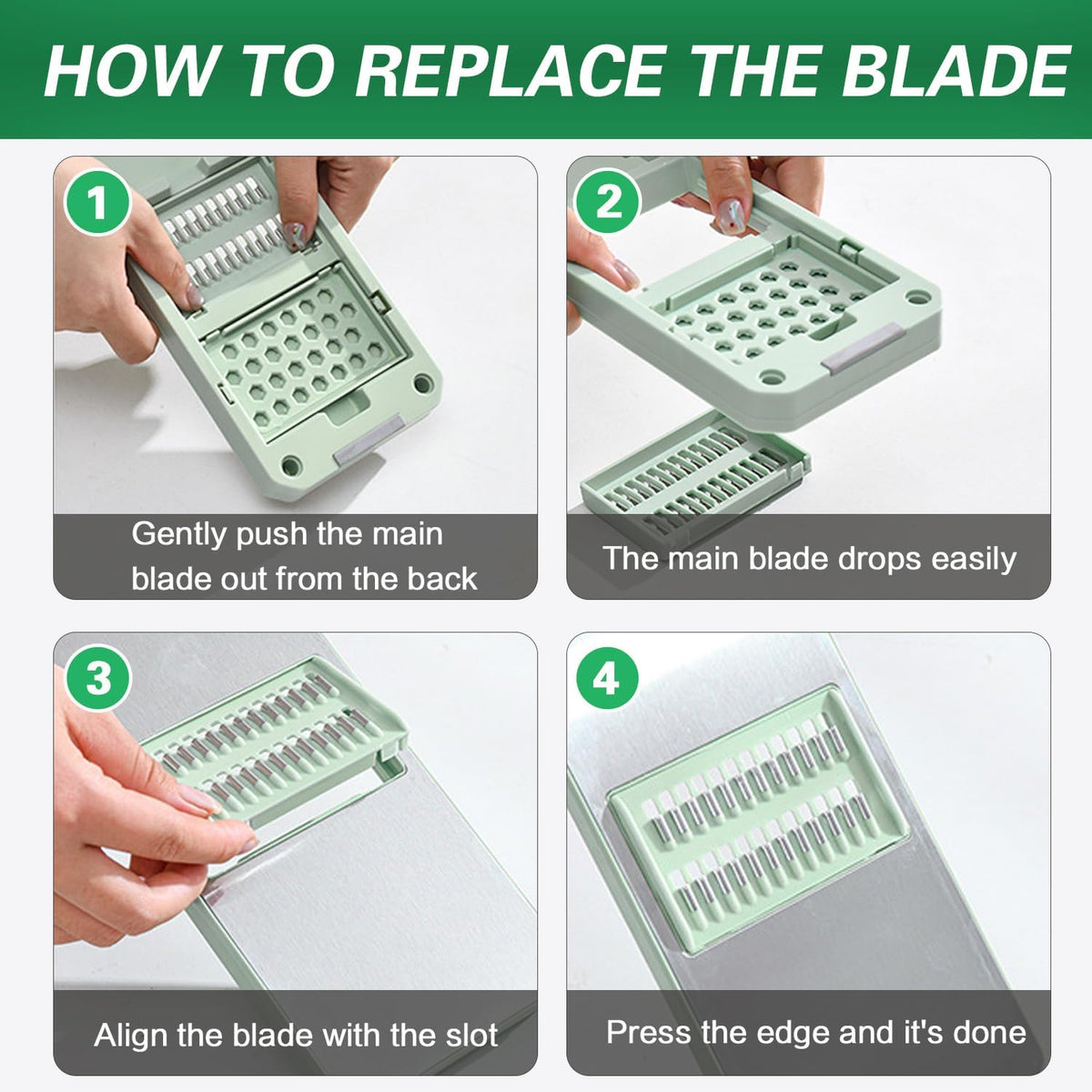 6 in 1 Mandoline Slicer, Hand Guard Vegetable Chopper Cutter with Container & Lid, 3 Replaceable Blades Multifunctional Veggie Dicer Slicer for Onion Potato Carrot, Kitchen Food Prep Gadget - Green