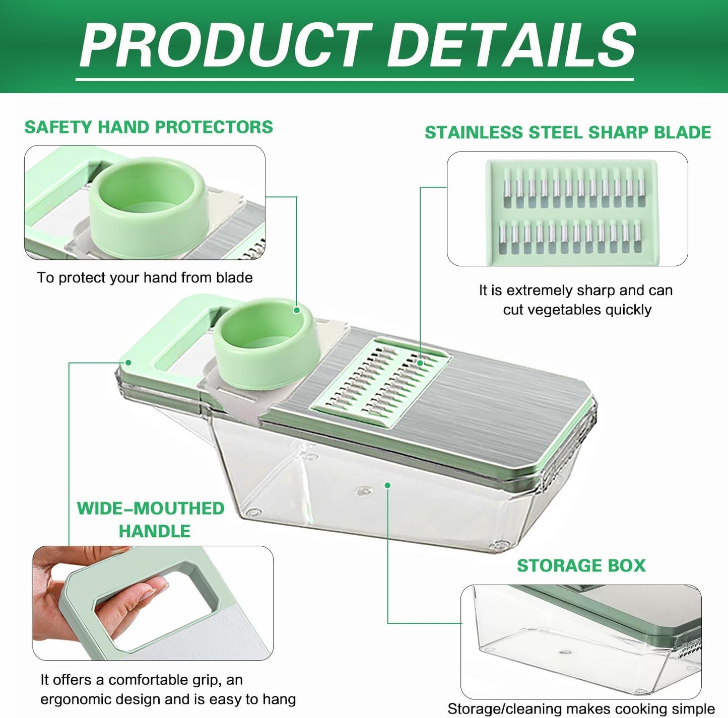 6 in 1 Mandoline Slicer, Hand Guard Vegetable Chopper Cutter with Container & Lid, 3 Replaceable Blades Multifunctional Veggie Dicer Slicer for Onion Potato Carrot, Kitchen Food Prep Gadget - Green