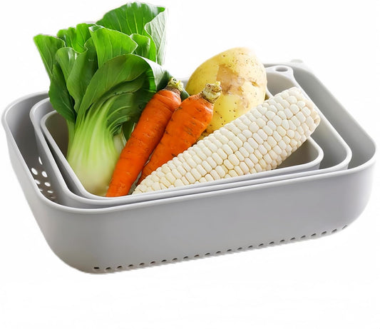 3pcs Fruits & Vegetable Colander Set,2 in 1 Fruit Washing Basket with Strainer,Multipurpose Vegetable Filter,Multi-layer Kitchen Draining Basket Set