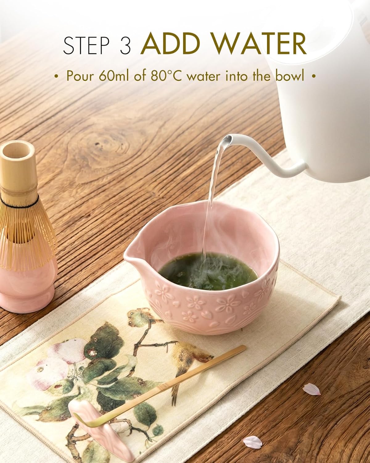 Matcha Whisk Set, 7 Pcs Ceramic Matcha Kit Includes Bowl, Whisk and Holder, Bamboo Scoop, Scoop Rest, Sifter and Tea Towel - Matcha Kit for Macha Lovers (Pink)