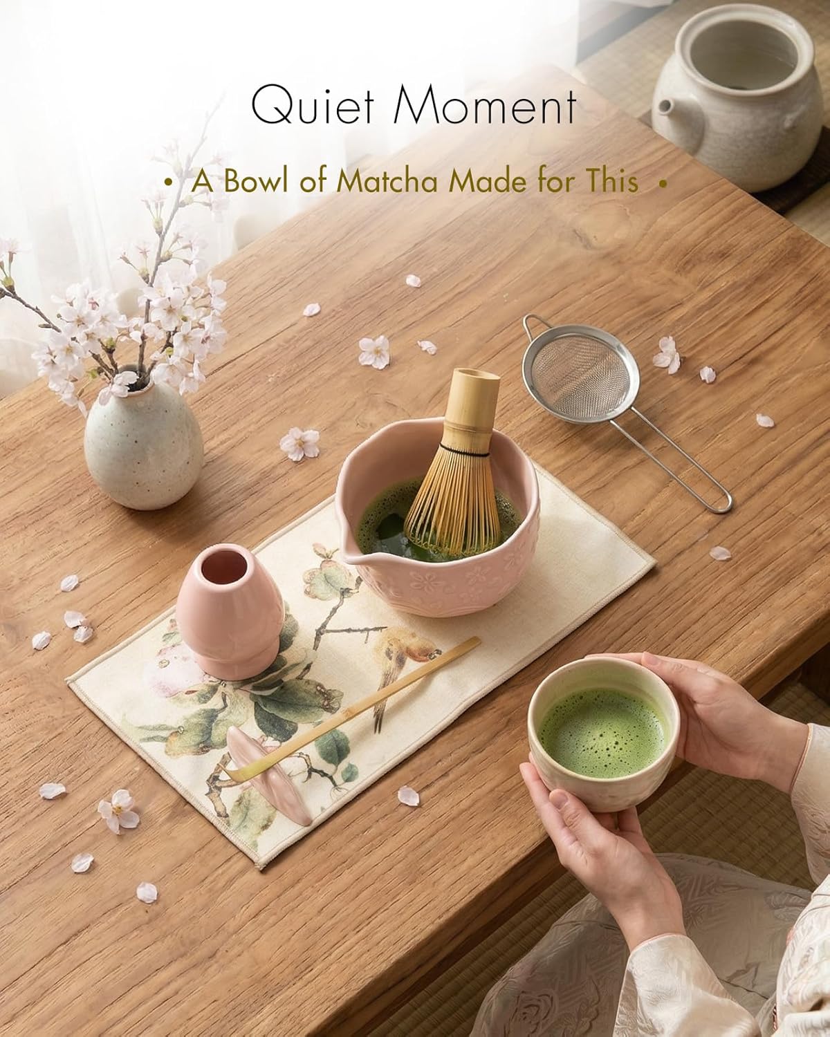 Matcha Whisk Set, 7 Pcs Ceramic Matcha Kit Includes Bowl, Whisk and Holder, Bamboo Scoop, Scoop Rest, Sifter and Tea Towel - Matcha Kit for Macha Lovers (Pink)