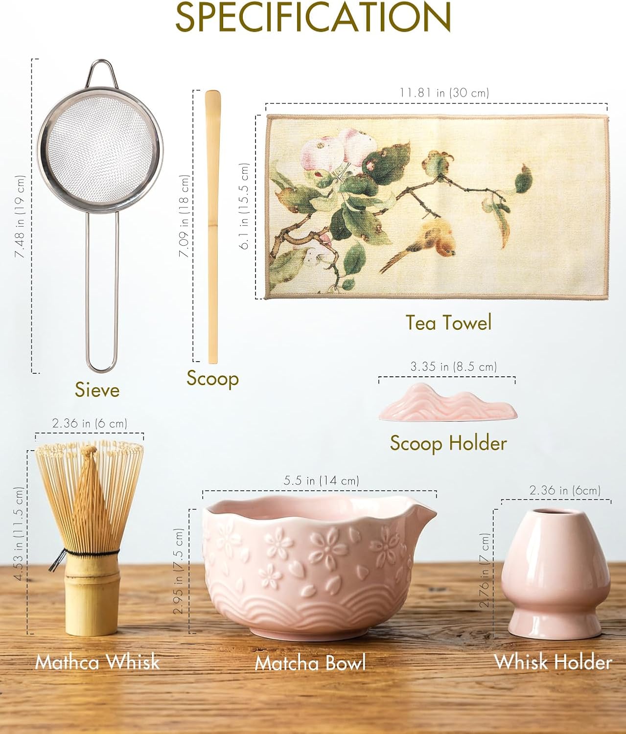 Matcha Whisk Set, 7 Pcs Ceramic Matcha Kit Includes Bowl, Whisk and Holder, Bamboo Scoop, Scoop Rest, Sifter and Tea Towel - Matcha Kit for Macha Lovers (Pink)