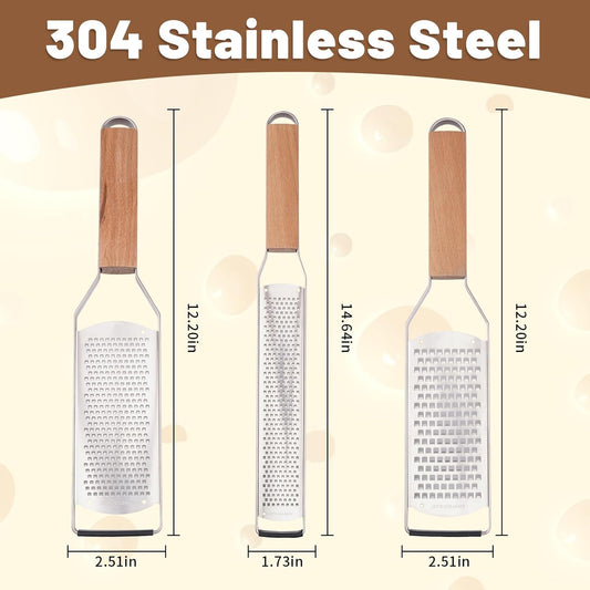 Professional Cheese Graters for Kitchen Stainless Steel-3 Pcs | Handheld,Metal Lemon Zester Grater With Wood Handle For Cheese, Chocolate, Spices, Kitchen Gadgets And Tools