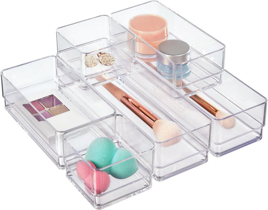 SimpleSort Drawer Organizer Bins 6 pc Set, Multi-size, Bathroom Organizers and Storage, Makeup Organizer, Desk Organizer, Vanity Organizer, Clear Organizing Containers, Made in USA