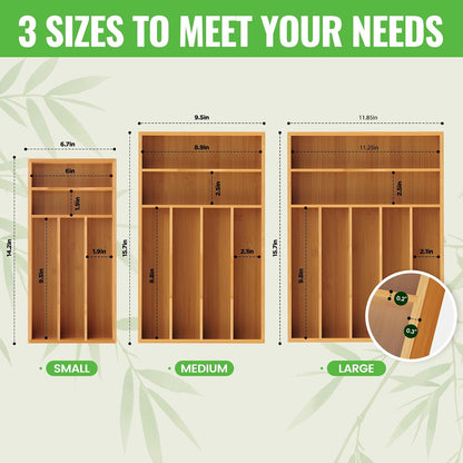 Bamboo Silverware Organizer, Bamboo Kitchen Drawer Cutlery Organizer, Utensil Holder, Flatware Organizer Tray (15.8"x9.5"x1.6")