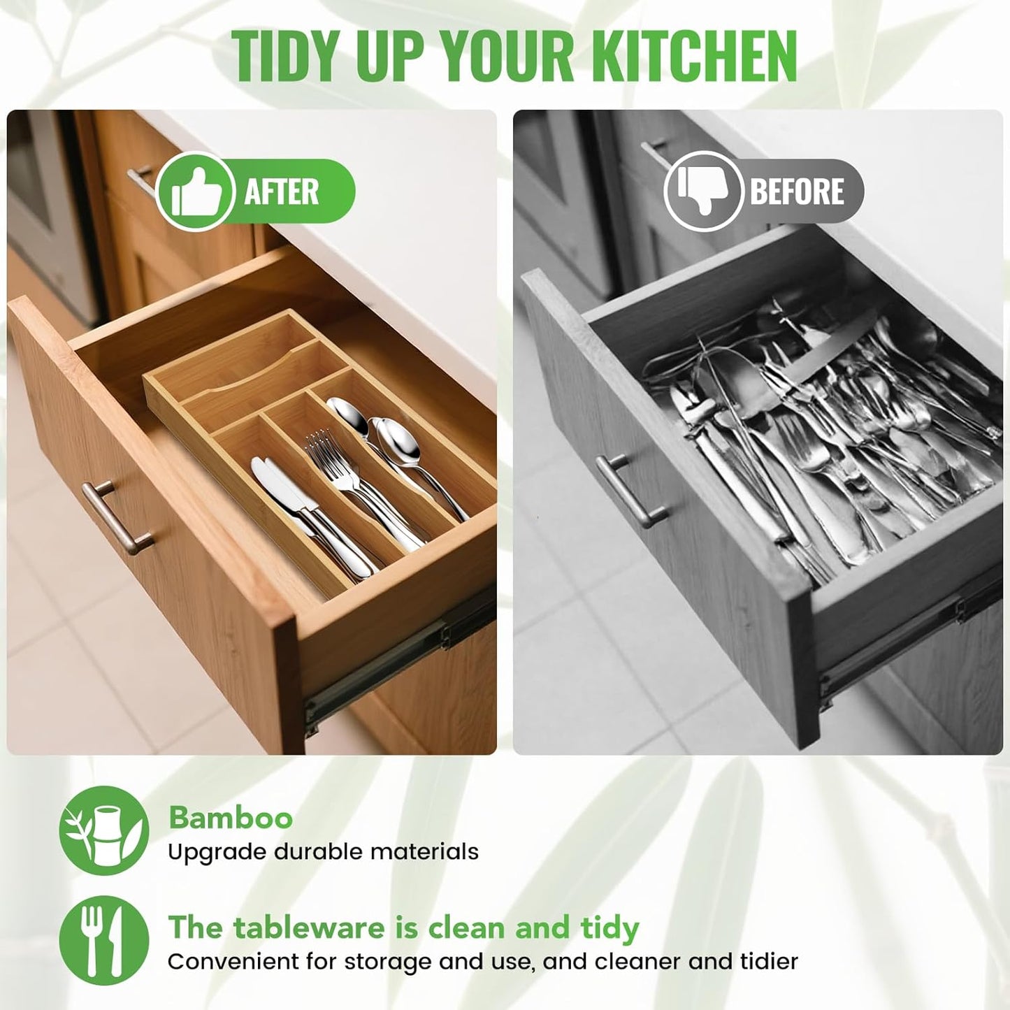Bamboo Silverware Organizer, Bamboo Kitchen Drawer Cutlery Organizer, Utensil Holder, Flatware Organizer Tray (15.8"x9.5"x1.6")