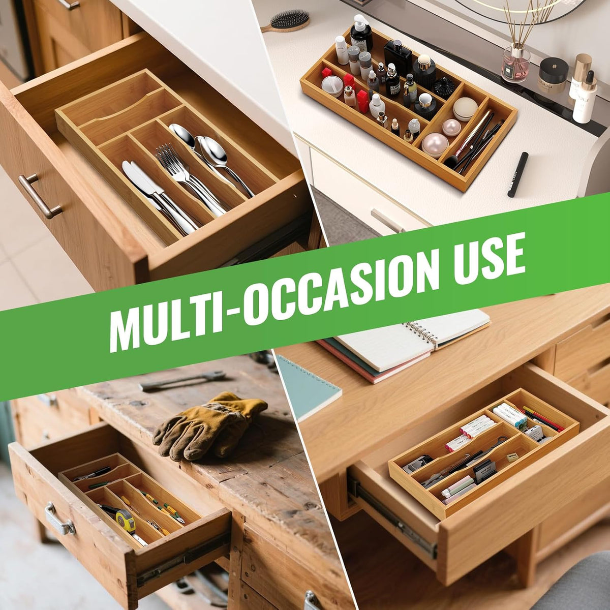 Bamboo Silverware Organizer, Bamboo Kitchen Drawer Cutlery Organizer, Utensil Holder, Flatware Organizer Tray (15.8"x9.5"x1.6")
