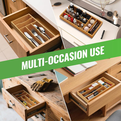 Bamboo Silverware Organizer, Bamboo Kitchen Drawer Cutlery Organizer, Utensil Holder, Flatware Organizer Tray (15.8"x9.5"x1.6")