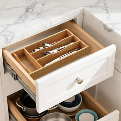 Bamboo Silverware Organizer, Bamboo Kitchen Drawer Cutlery Organizer, Utensil Holder, Flatware Organizer Tray (15.8"x9.5"x1.6")