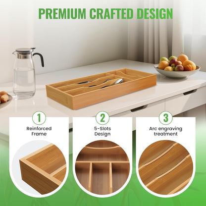 Bamboo Silverware Organizer, Bamboo Kitchen Drawer Cutlery Organizer, Utensil Holder, Flatware Organizer Tray (15.8"x9.5"x1.6")