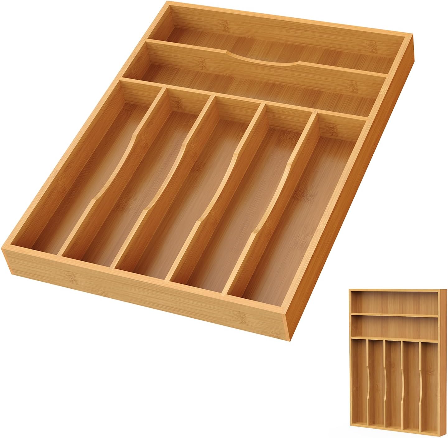 Bamboo Silverware Organizer, Bamboo Kitchen Drawer Cutlery Organizer, Utensil Holder, Flatware Organizer Tray (15.8"x9.5"x1.6")