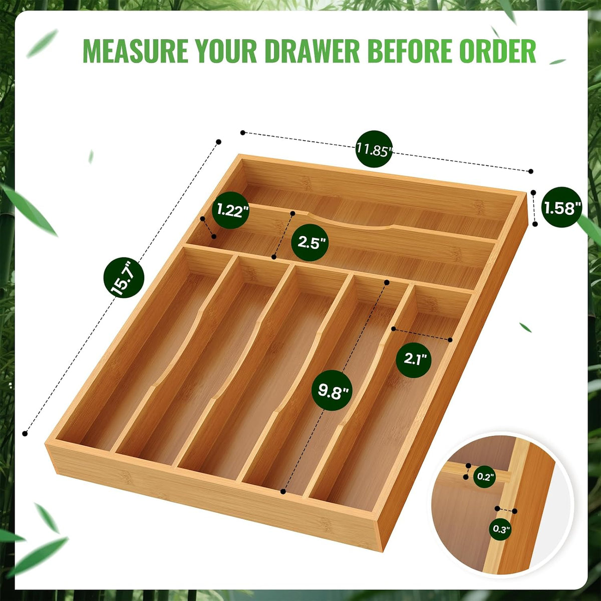 Bamboo Silverware Organizer, Bamboo Kitchen Drawer Cutlery Organizer, Utensil Holder, Flatware Organizer Tray (15.8"x9.5"x1.6")