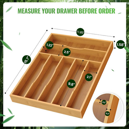 Bamboo Silverware Organizer, Bamboo Kitchen Drawer Cutlery Organizer, Utensil Holder, Flatware Organizer Tray (15.8"x9.5"x1.6")