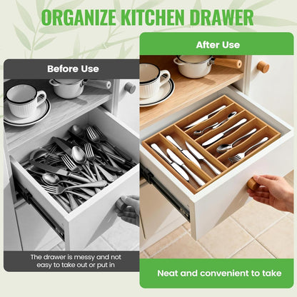 Bamboo Silverware Organizer, Bamboo Kitchen Drawer Cutlery Organizer, Utensil Holder, Flatware Organizer Tray (15.8"x9.5"x1.6")
