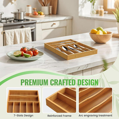 Bamboo Silverware Organizer, Bamboo Kitchen Drawer Cutlery Organizer, Utensil Holder, Flatware Organizer Tray (15.8"x9.5"x1.6")