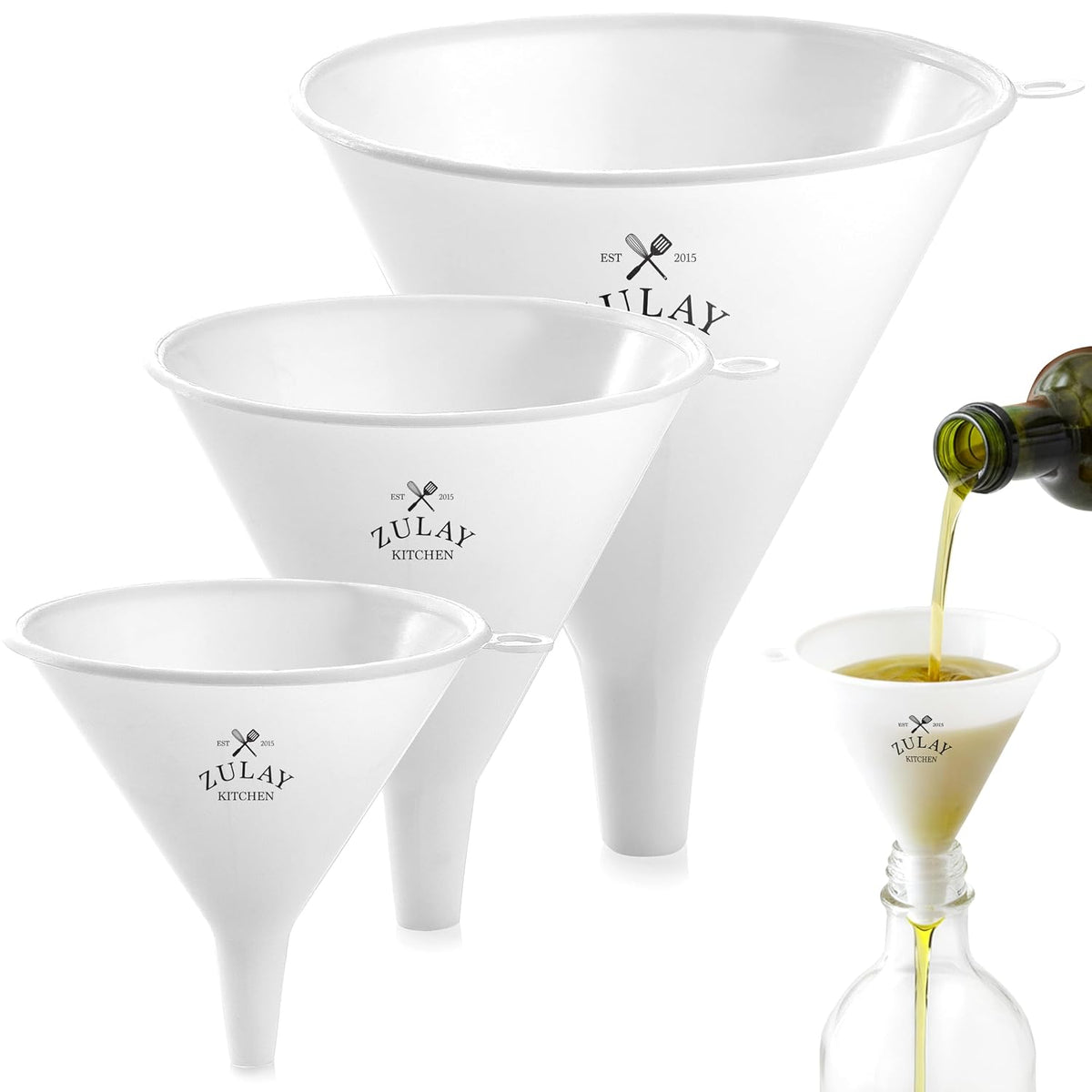 3-Piece Plastic Funnel Set - Large, Medium, and Small Kitchen Funnels Pouring Spout - for Filling Bottles Water Liquid, Protein Powder, Food Grade Cooking, Drink, Paint, Lotion, Kids