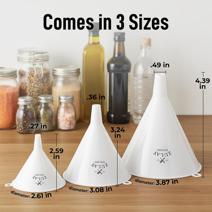 3-Piece Plastic Funnel Set - Large, Medium, and Small Kitchen Funnels Pouring Spout - for Filling Bottles Water Liquid, Protein Powder, Food Grade Cooking, Drink, Paint, Lotion, Kids
