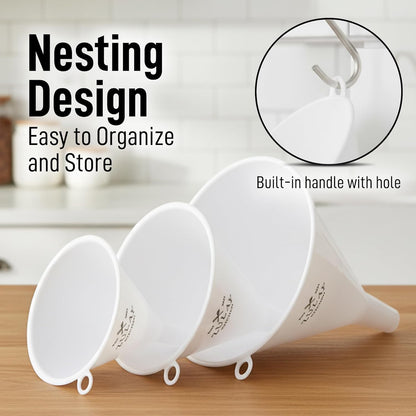 3-Piece Plastic Funnel Set - Large, Medium, and Small Kitchen Funnels Pouring Spout - for Filling Bottles Water Liquid, Protein Powder, Food Grade Cooking, Drink, Paint, Lotion, Kids