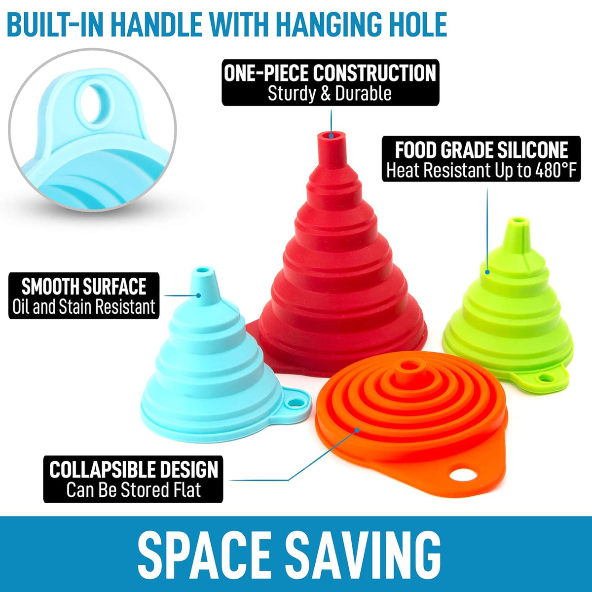 3-Piece Plastic Funnel Set - Large, Medium, and Small Kitchen Funnels Pouring Spout - for Filling Bottles Water Liquid, Protein Powder, Food Grade Cooking, Drink, Paint, Lotion, Kids