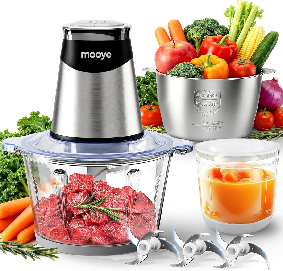 Food Processors Electric Food Chopper with Meat Grinder & Vegetable Chopper - 3 Bowls(8Cup+8Cup+3Cup) with Powerful Copper Motor - Includes 3 Sets of Bi-Level Blades for Fruits/Meat/Nuts