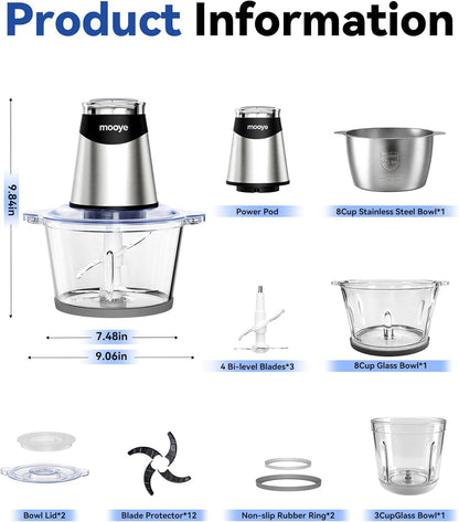 Food Processors Electric Food Chopper with Meat Grinder & Vegetable Chopper - 3 Bowls(8Cup+8Cup+3Cup) with Powerful Copper Motor - Includes 3 Sets of Bi-Level Blades for Fruits/Meat/Nuts