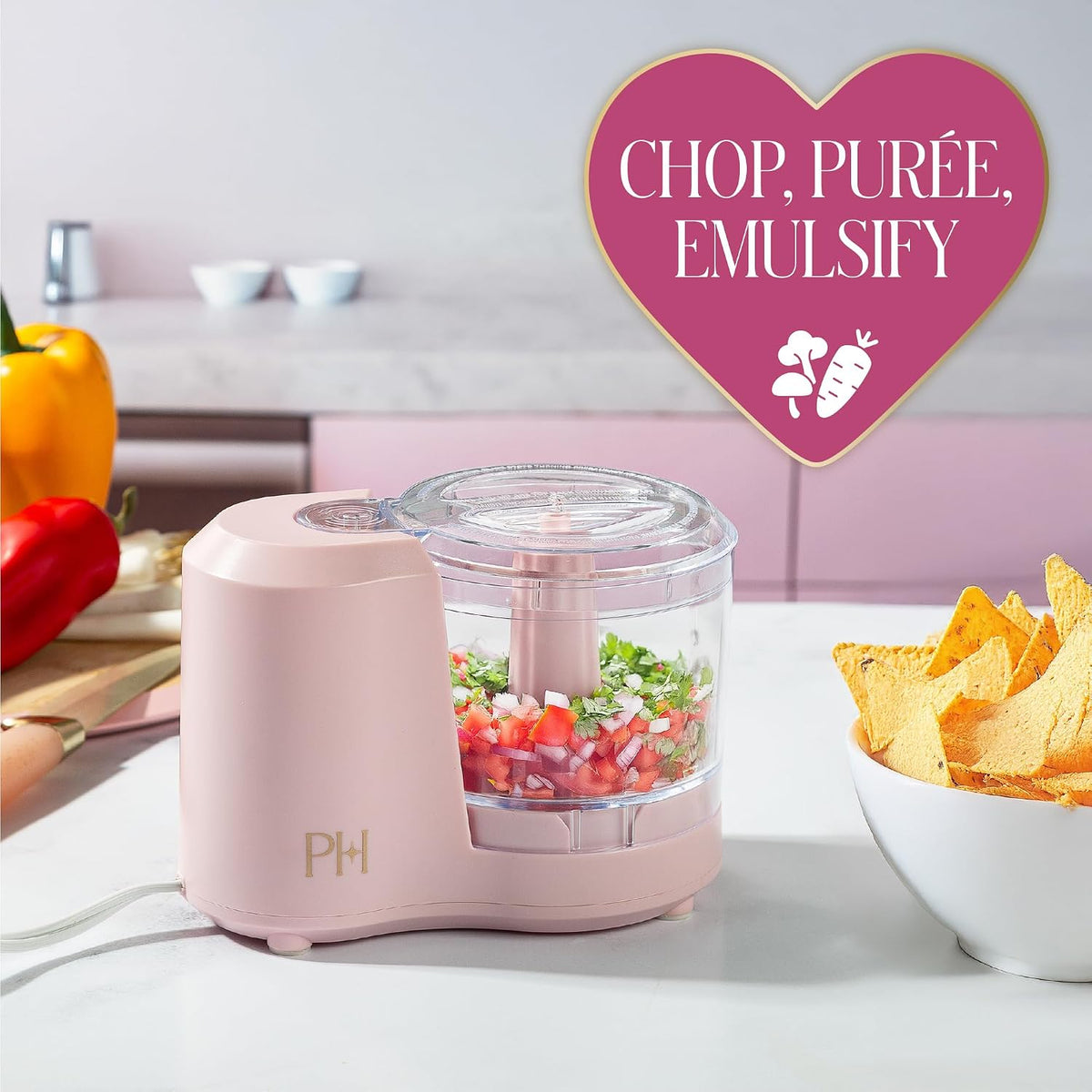 Paris Hilton 1.5-Cup Food Chopper, Stainless Steel Blade With One-Touch Pulse Control, Compact Mini Electric Chopper For Vegetables, Herbs, Nuts & Dressings, Pink