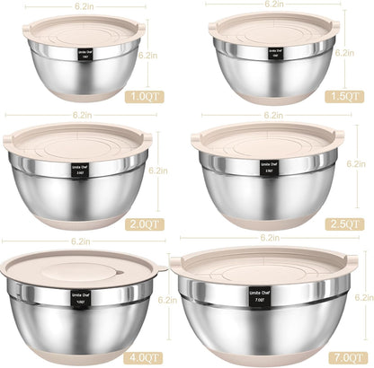 Mixing Bowls with Airtight Lids Set, 26PCS Stainless Steel Khaki Bowls with Grater Attachments, Non-Slip Bottoms & Kitchen Gadgets Set, Size 7, 4, 2.5, 2.0,1.5, 1QT, Great for Mixing & Serving