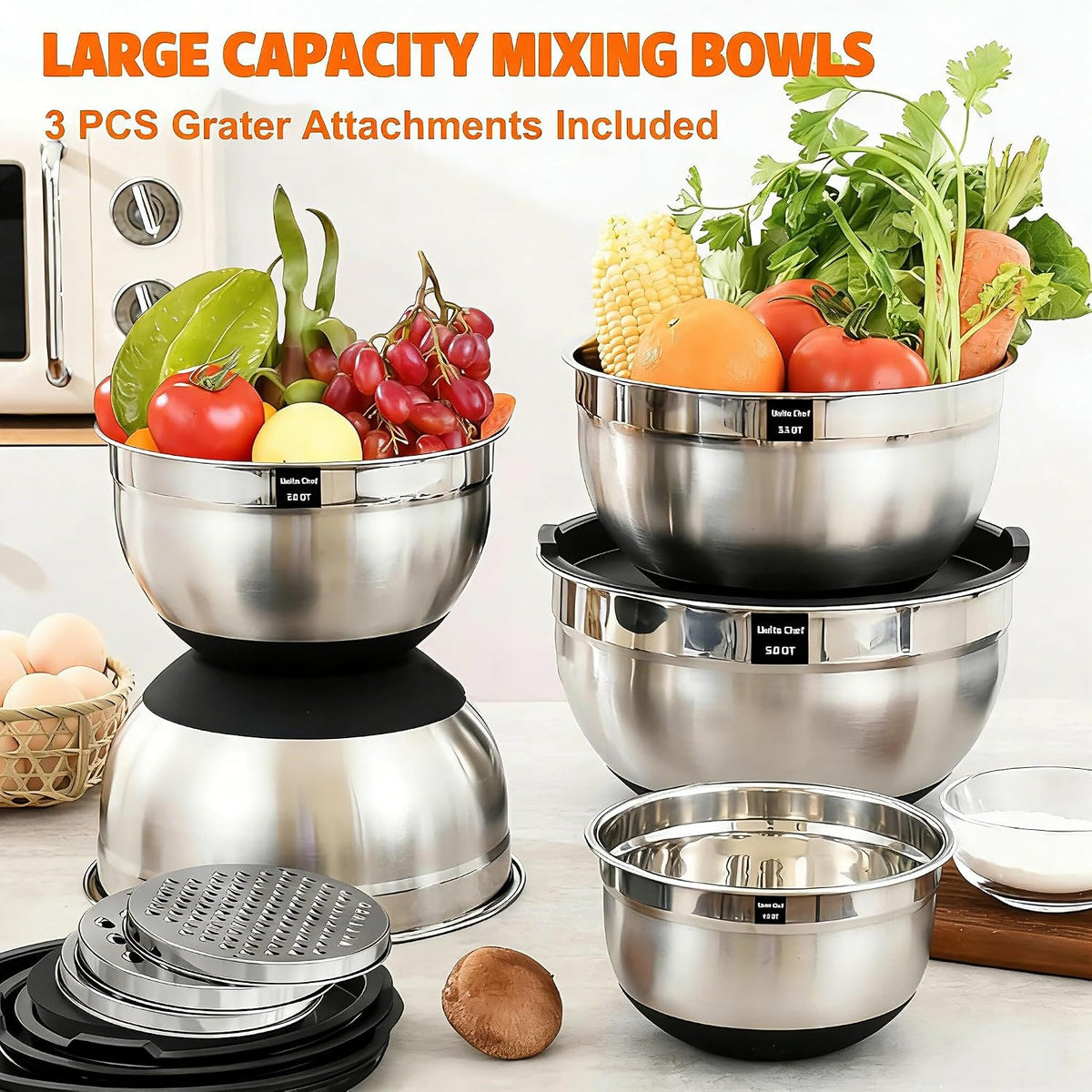 Mixing Bowls with Airtight Lids Set, 26PCS Stainless Steel Khaki Bowls with Grater Attachments, Non-Slip Bottoms & Kitchen Gadgets Set, Size 7, 4, 2.5, 2.0,1.5, 1QT, Great for Mixing & Serving