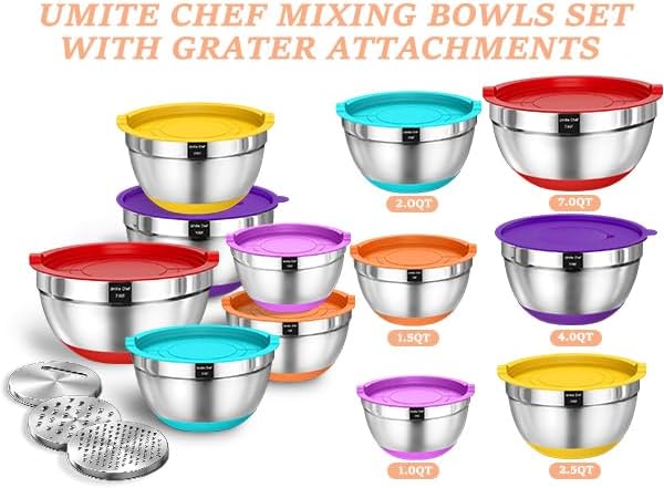 Mixing Bowls with Airtight Lids Set, 26PCS Stainless Steel Khaki Bowls with Grater Attachments, Non-Slip Bottoms & Kitchen Gadgets Set, Size 7, 4, 2.5, 2.0,1.5, 1QT, Great for Mixing & Serving