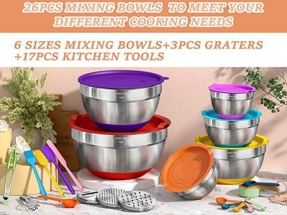 Mixing Bowls with Airtight Lids Set, 26PCS Stainless Steel Khaki Bowls with Grater Attachments, Non-Slip Bottoms & Kitchen Gadgets Set, Size 7, 4, 2.5, 2.0,1.5, 1QT, Great for Mixing & Serving