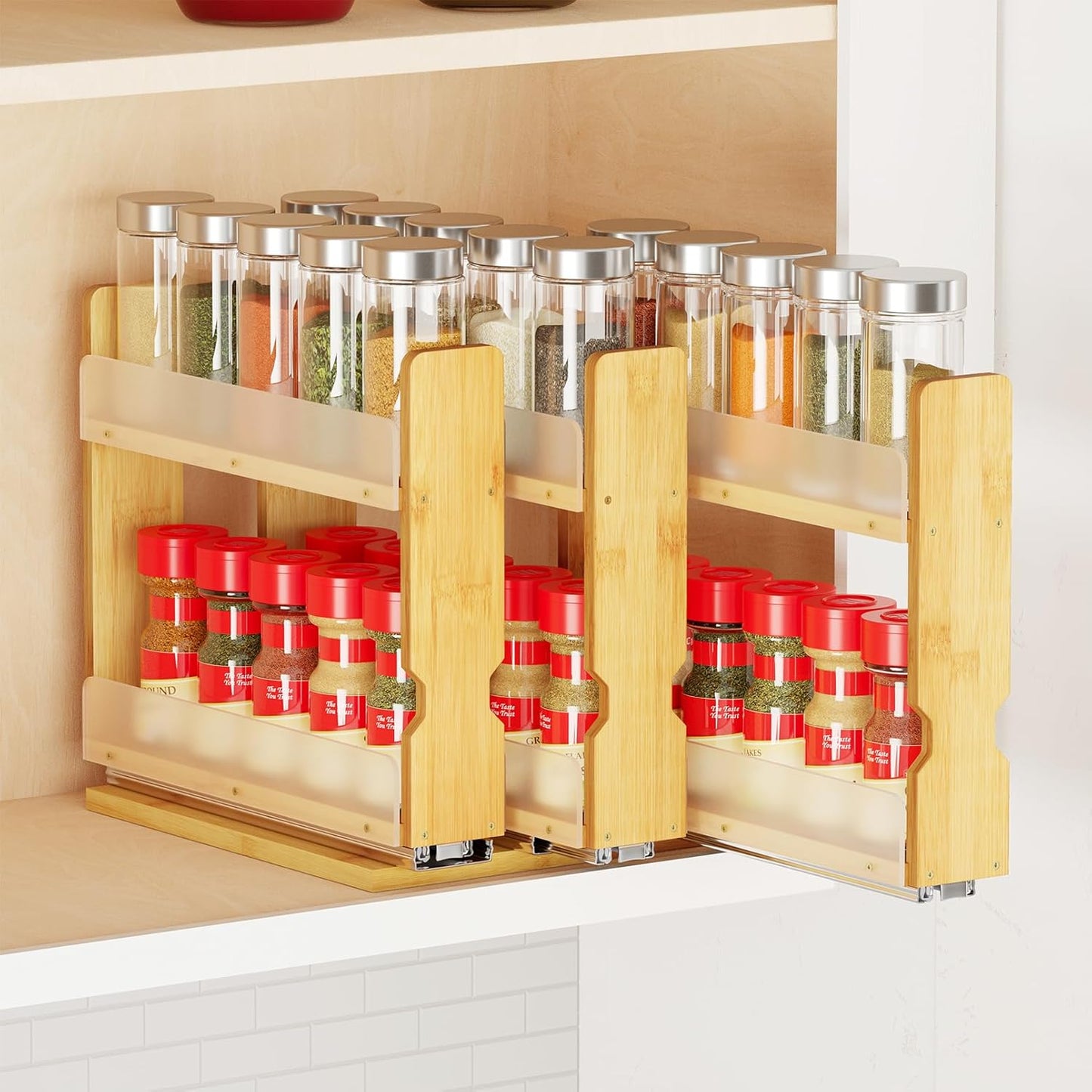 Bamboo Pull Out Spice Rack Organizer for Cabinet, Heavy Duty Slide Out Seasoning Kitchen Pantry Sliding Vertical Organization, 7.6" Wide, 3 Drawers(2" Wide), 2-Tier, Natural