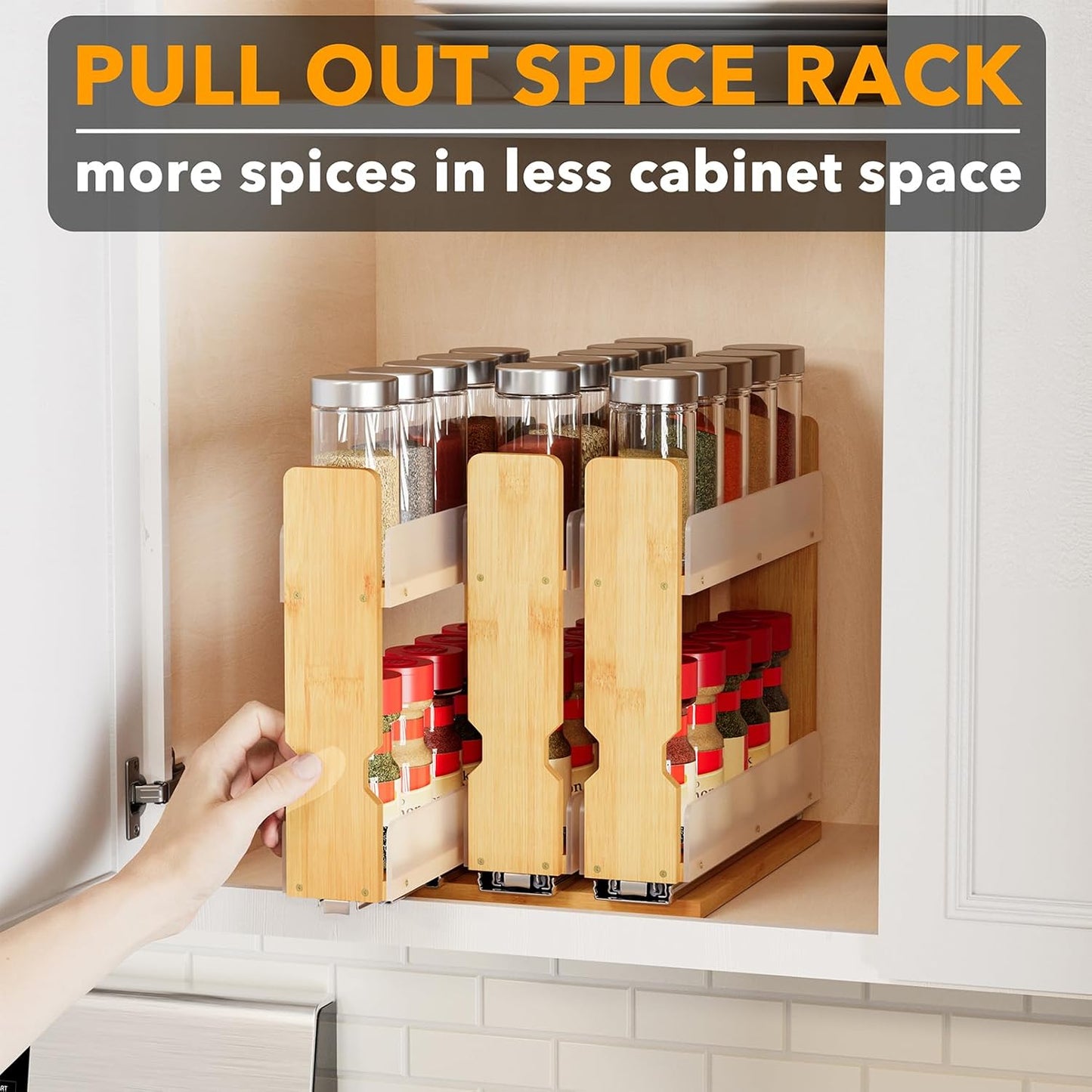 Bamboo Pull Out Spice Rack Organizer for Cabinet, Heavy Duty Slide Out Seasoning Kitchen Pantry Sliding Vertical Organization, 7.6" Wide, 3 Drawers(2" Wide), 2-Tier, Natural
