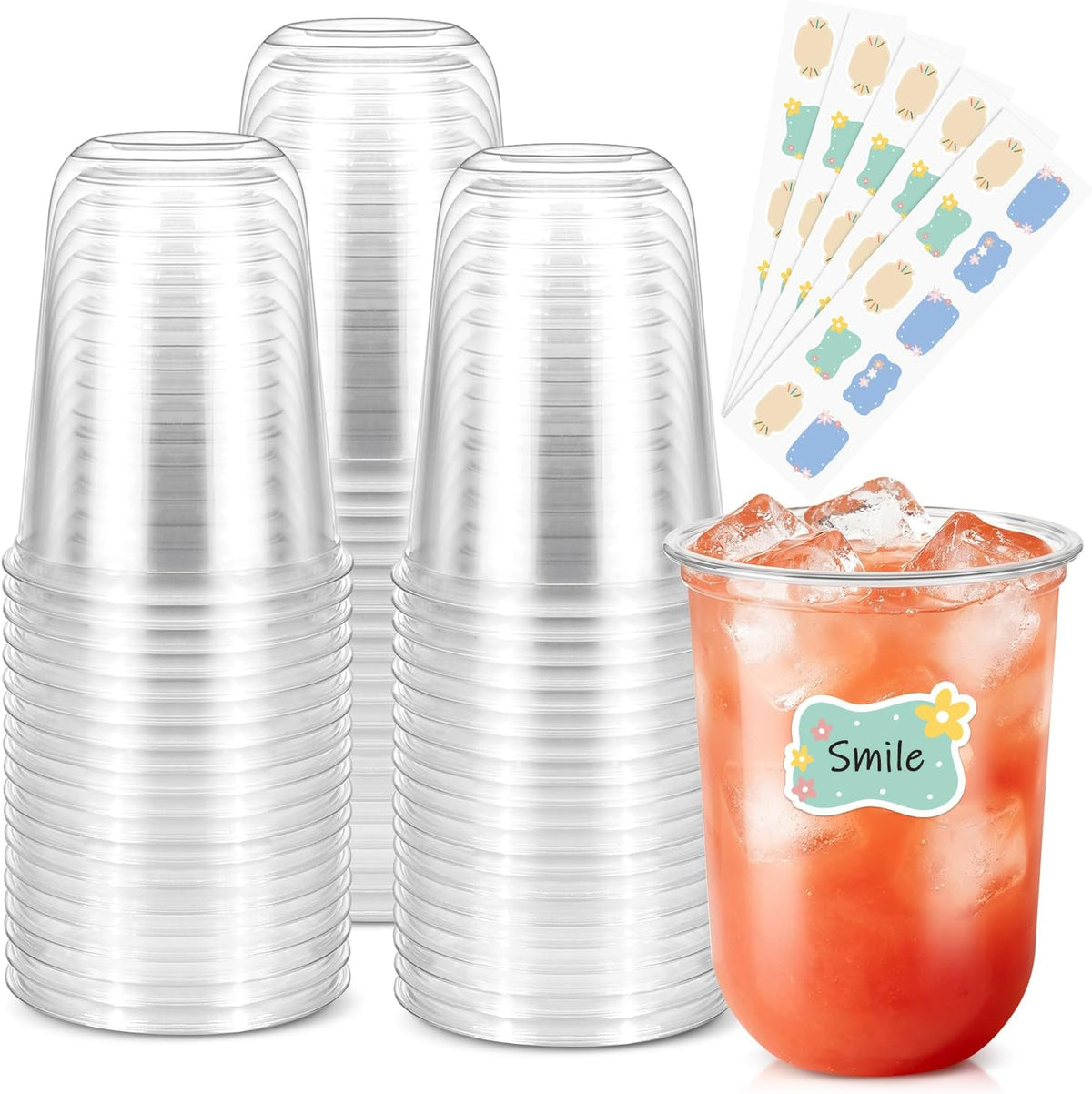 50 Pack 16 oz Clear Disposable Plastic Cups with Sticker Designs