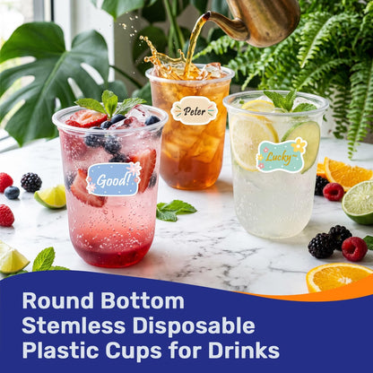 50 Pack 16 oz Clear Disposable Plastic Cups with Sticker Designs