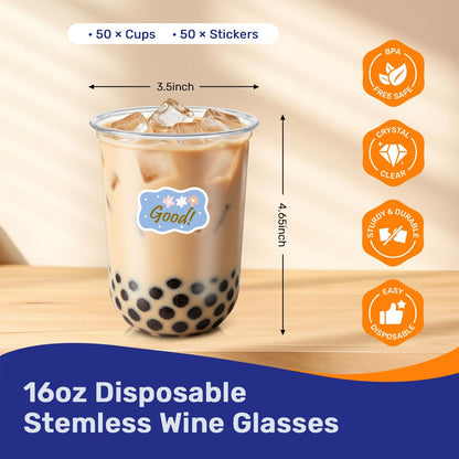50 Pack 16 oz Clear Disposable Plastic Cups with Sticker Designs