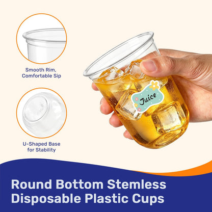 50 Pack 16 oz Clear Disposable Plastic Cups with Sticker Designs