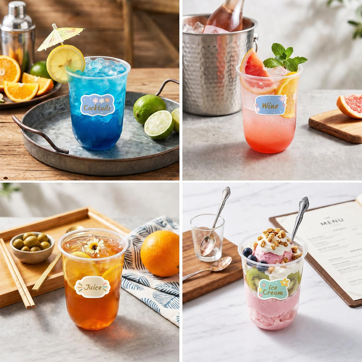 50 Pack 16 oz Clear Disposable Plastic Cups with Sticker Designs